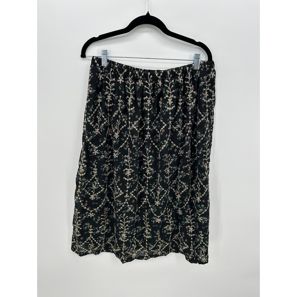 Black Floral Embroidered Midi Skirt Sz L Stretch Ethereal Fairy Boho Feminine
